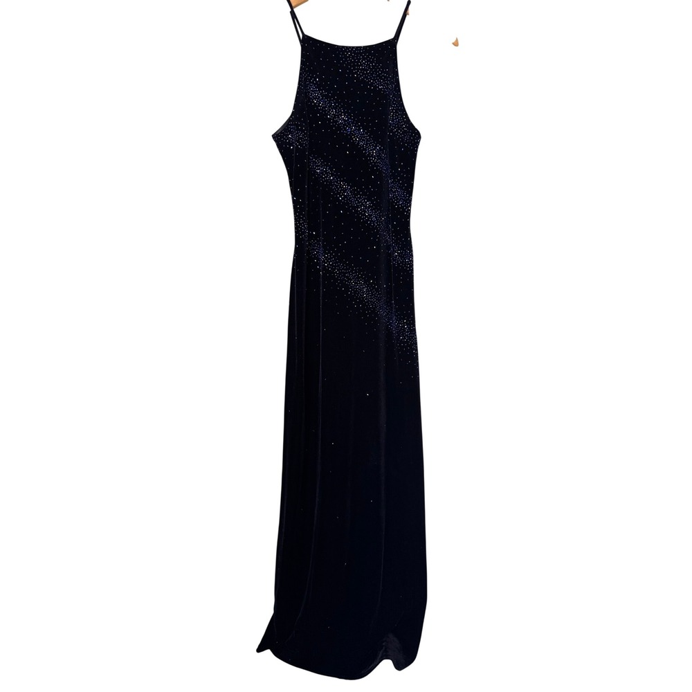 Vintage Navy Velvet Beaded High Neck Maxi Dress Lace Up Back Gown 90s Y2K